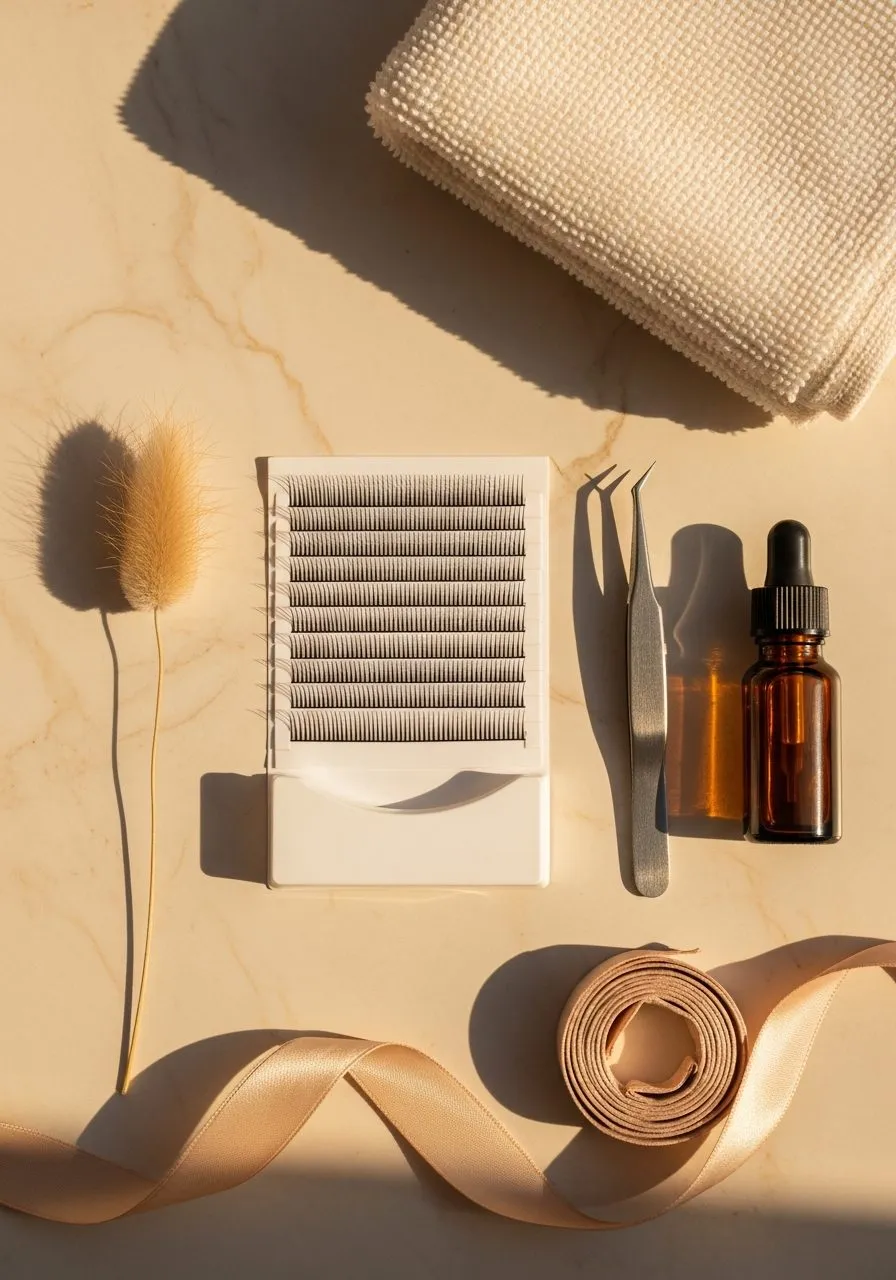 Editorial flat-lay of premium lash extension tools — Pure Hair Spa Mountain View