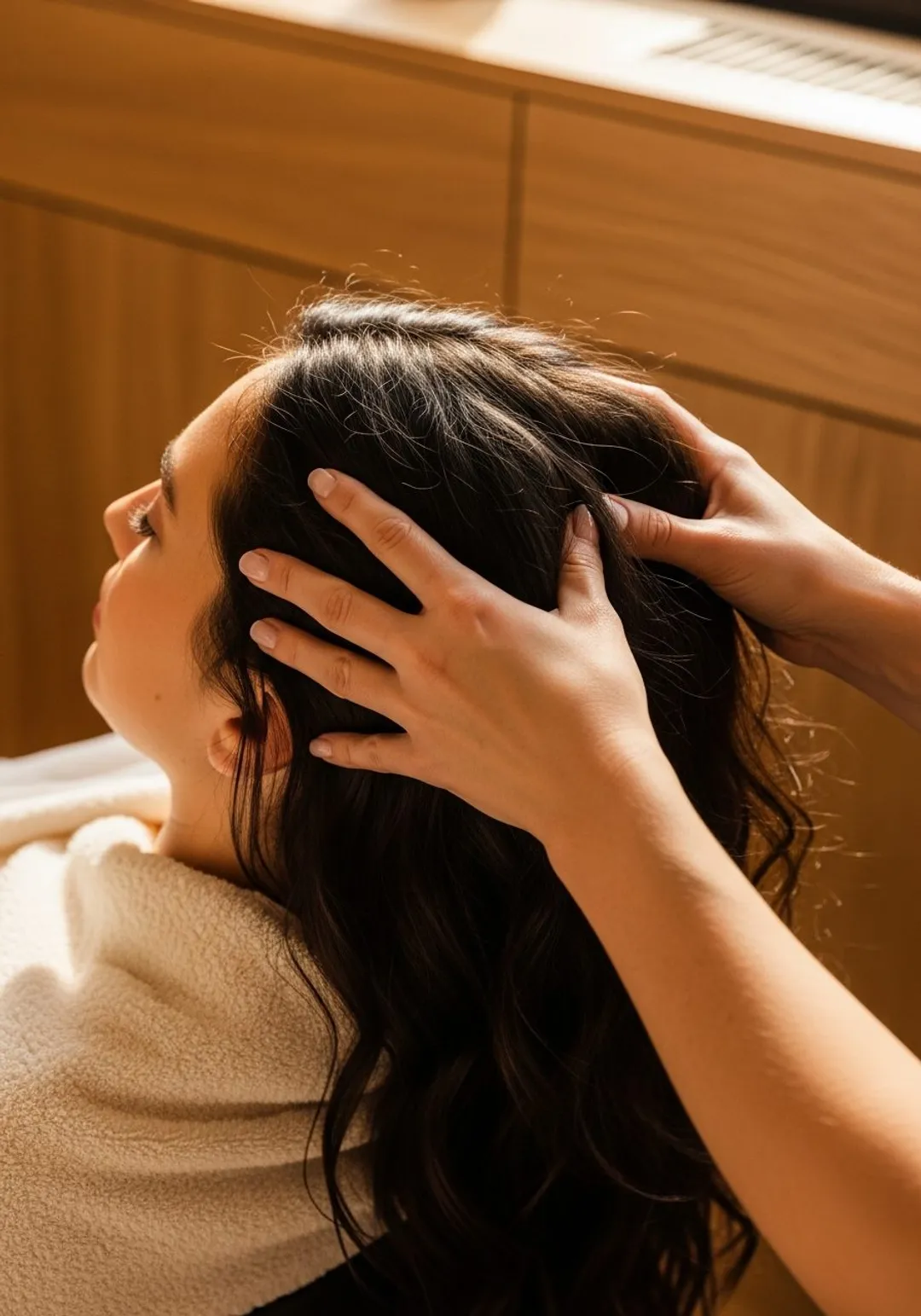 Therapist performing a relaxing scalp massage at Pure Hair Spa Mountain View