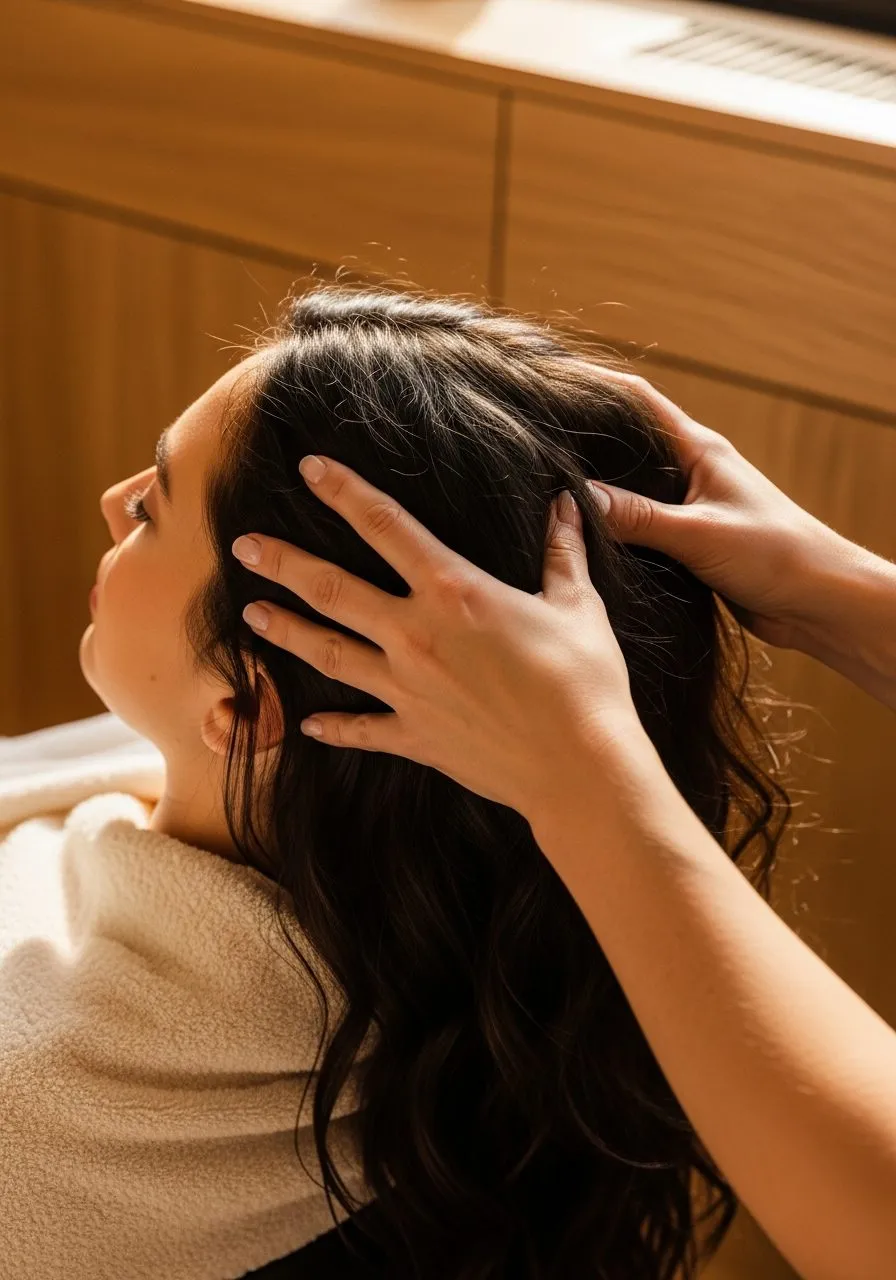 Therapist gently massaging a client's scalp during a 60-minute basic cleanse at Pure Hair Spa Mountain View