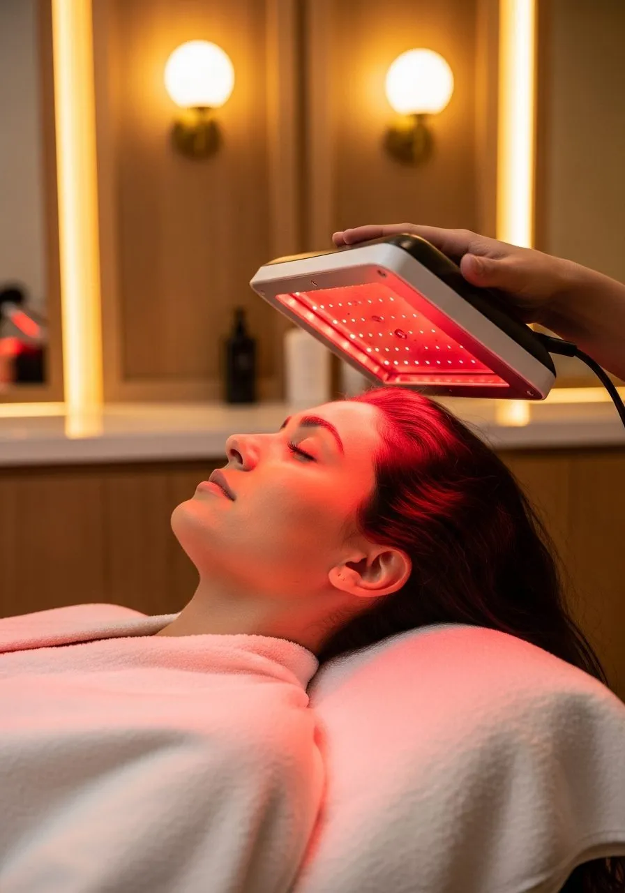 Reclined client receiving LED red infrared light therapy for hair regeneration at Pure Hair Spa Mountain View